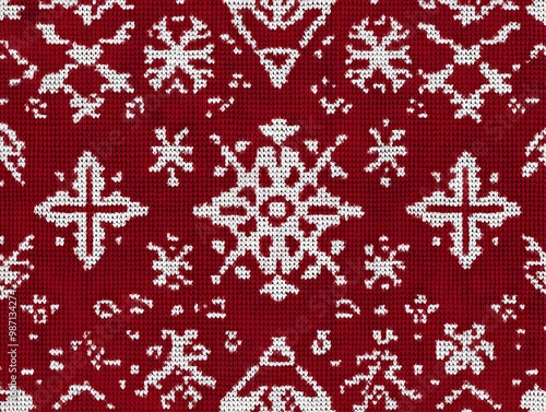 2408 4.A holiday-themed seamless pattern in a red knit style, featuring geometric shapes and classic Christmas motifs. The repeating design mimics the texture of a cozy winter sweater, adding warmth