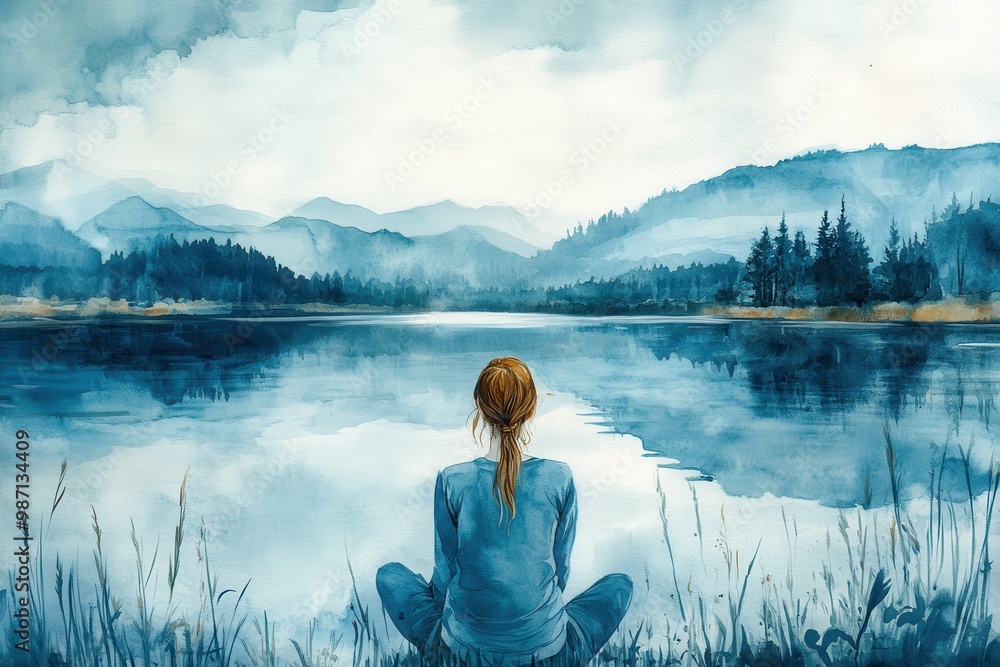 Fototapeta premium Serene Woman Contemplating by Tranquil Lake in Watercolor Style, Peaceful Reflections on Water Surface