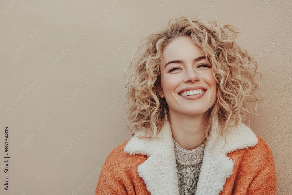 Smiling woman with curly hair in cozy autumn outfit against beige wall Smiling woman with curly hair in cozy autumn outfit against beige wall