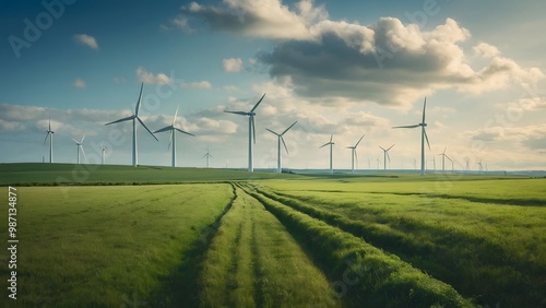 Wind Turbines Generate Renewable Energy in a Lush Green Landscape During a Sunny Afternoon