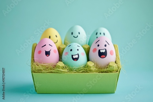 Cute easter eggs with funny faces in green box isolated on light blue background. Happy easter concept. Painted Easter eggs , ai