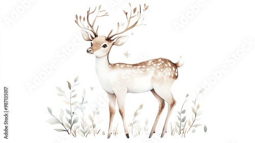 Boho Christmas deer clipart, with tribalpatterned fur, watercolor illustration, earthy tones, isolated on white background photo