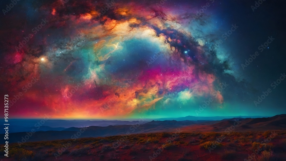 Vibrant Cosmic Landscape Over Rolling Hills at Dusk Reveals a Stunning, Colorful Galaxy Formation in the Night Sky Vibrant Cosmic Landscape Over Rolling Hills at Dusk Reveals a Stunning, Colorful Galaxy Formation in the Night Sky