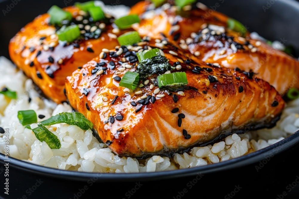 Teriyaki salmon over black background with rice and nori , ai Teriyaki salmon over black background with rice and nori , ai