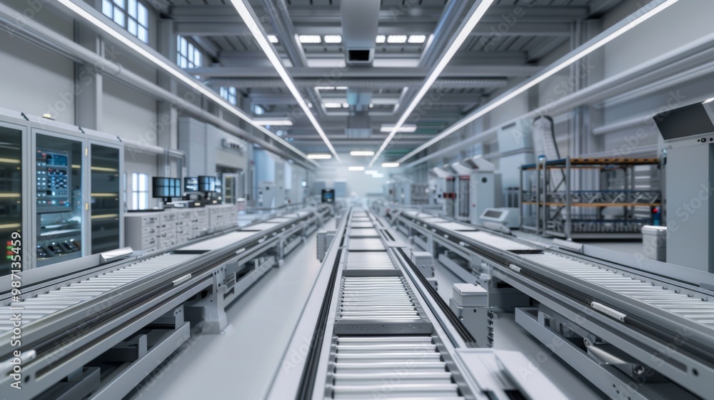 Obraz premium Modern Automated Factory Warehouse with Conveyor Belts and Shelving for Efficient Logistics and Distribution