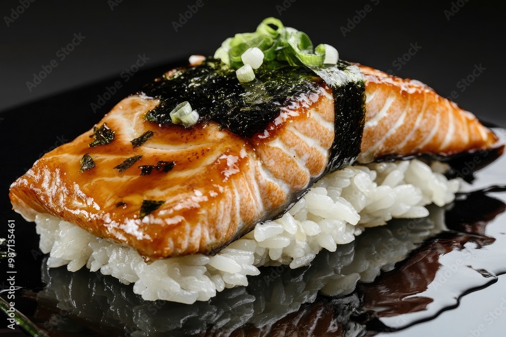 Teriyaki salmon over black background with rice and nori , ai Teriyaki salmon over black background with rice and nori , ai