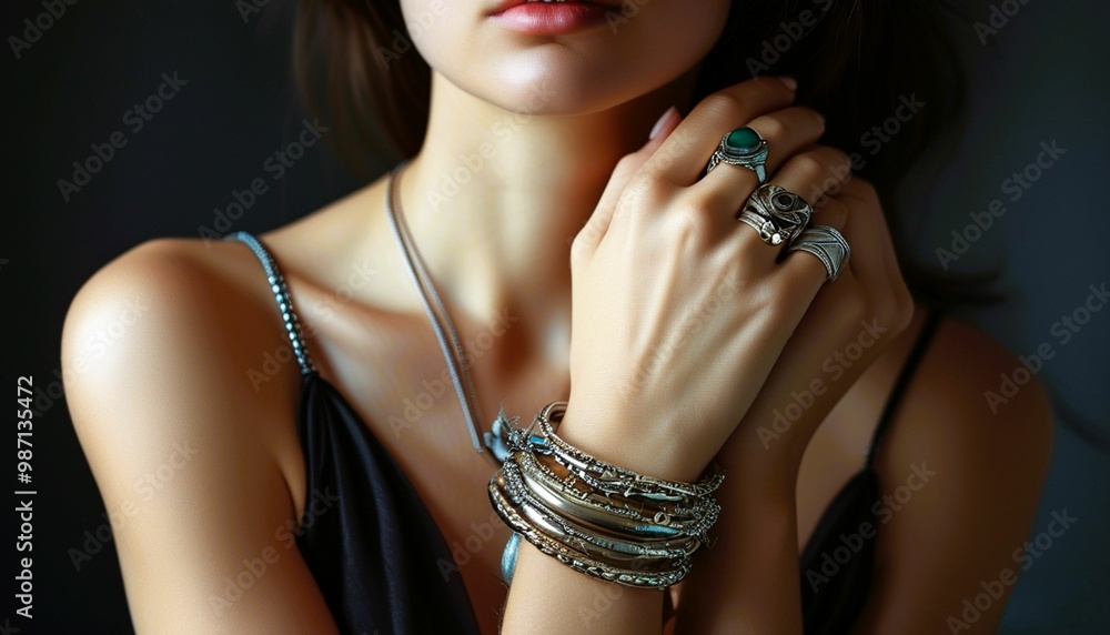 Obraz premium Sensual brunette model with red lips and bold makeup, adorned with elegant jewelry, exudes timeless beauty and glamour in a portrait
