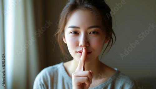 Beautiful woman with finger on lips, a gesture of silence and secrecy, her eyes sparkling with a hint of mischief photo