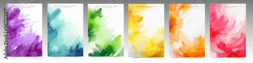 Set of white covers with abstract watercolor gradients, a color scale of vibrant tones, and various artistic patterns for a minimalist and vibrant look. Energetic brushstrokes and soft splashes templa