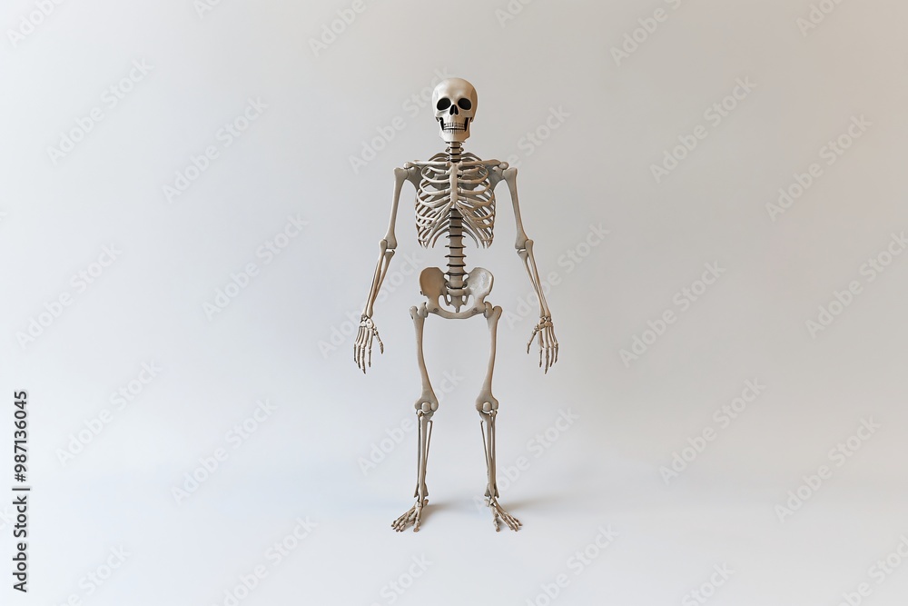 A realistic human skeleton model stands upright against a plain background, showcasing its detailed bone structure. A realistic human skeleton model stands upright against a plain background, showcasing its detailed bone structure.