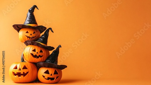 A stack of smiling jack-o'-lanterns wearing witch hats against a vibrant orange background, perfect for Halloween themes.