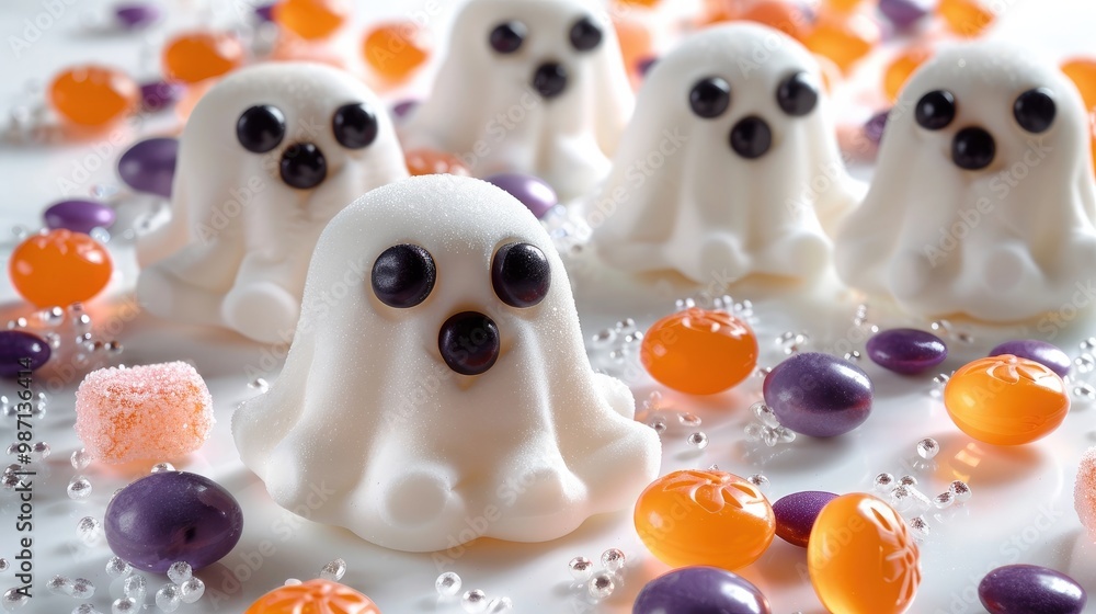 Obraz premium Adorable ghostly Halloween sweets with pumpkins and skulls Cute spooky and whimsical candies and jellies in the shape of ghosts perfect for a festive holiday or trick or treat desserts