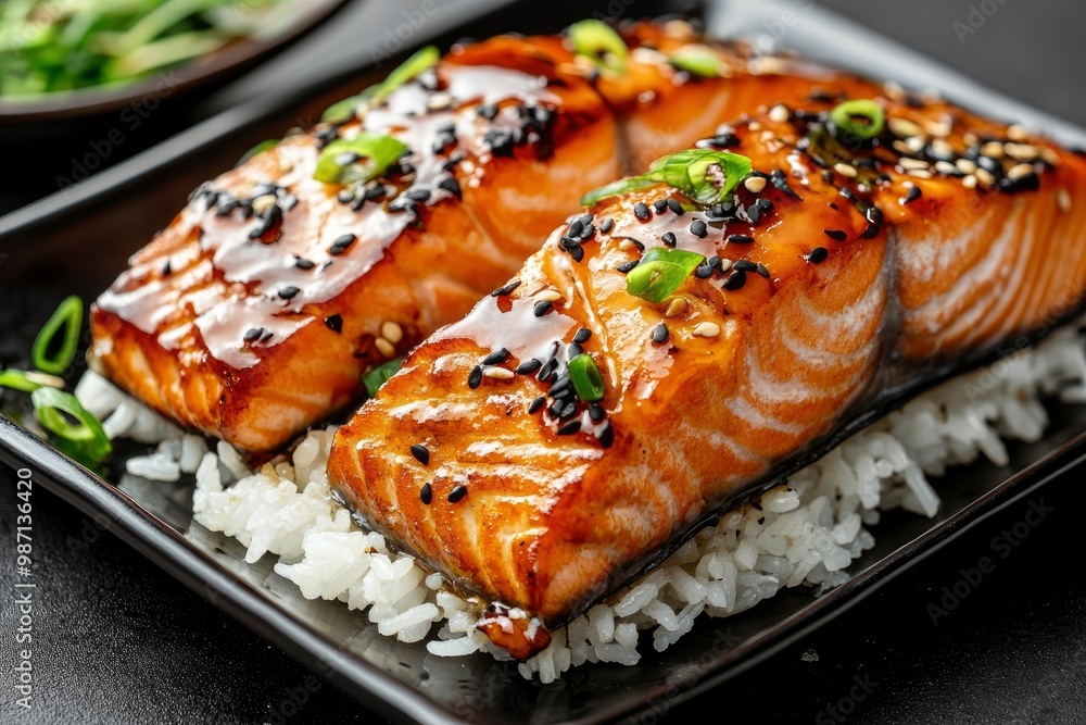 Teriyaki salmon over black background with rice and nori , ai Teriyaki salmon over black background with rice and nori , ai