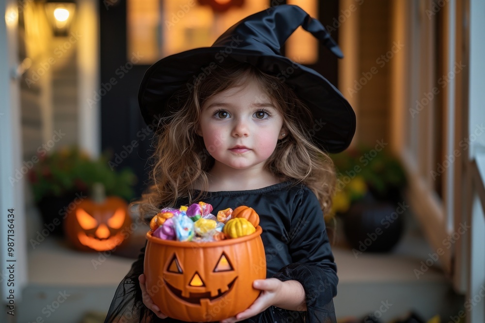 Little pretty girl in witch costume holding jack-o-lantern pumpkin bucket with candies and sweets. Kid trick or treating in Halloween holiday Little pretty girl in witch costume holding jack-o-lantern pumpkin bucket with candies and sweets. Kid trick or treating in Halloween holiday