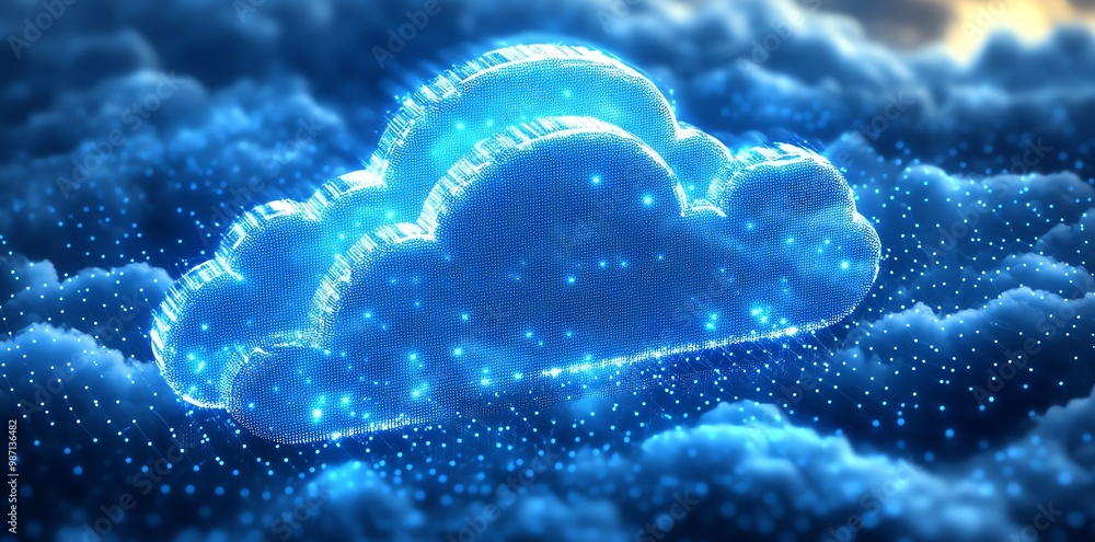 Abstract digital cloud symbol glowing over blue cloudy sky background. Abstract digital cloud symbol glowing over blue cloudy sky background.