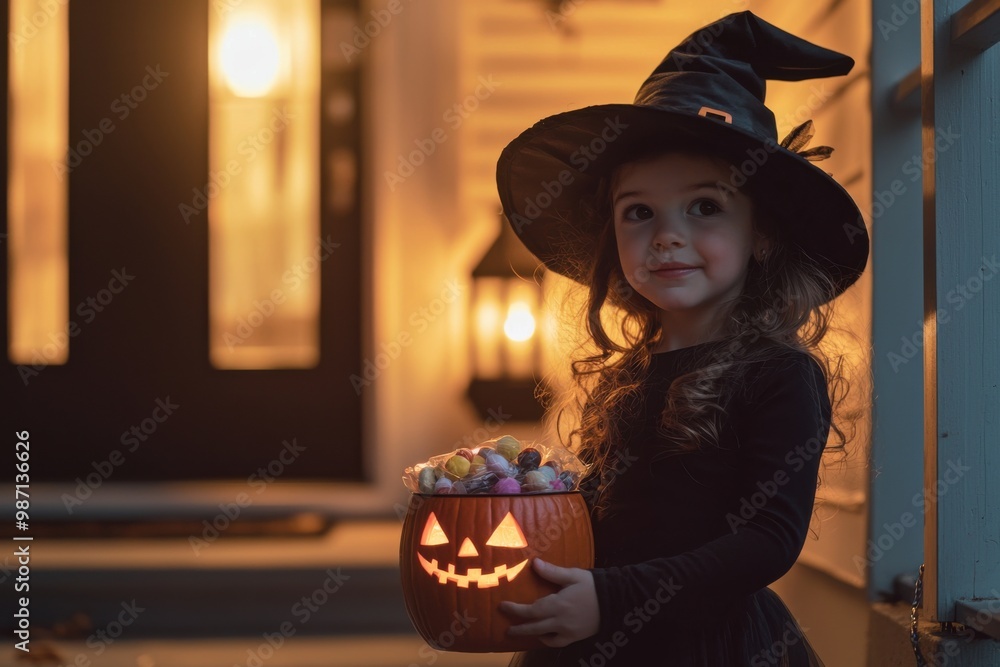 Little pretty girl in witch costume holding jack-o-lantern pumpkin bucket with candies and sweets. Kid trick or treating in Halloween holiday Little pretty girl in witch costume holding jack-o-lantern pumpkin bucket with candies and sweets. Kid trick or treating in Halloween holiday