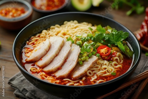 Ramen Noodles Spicy Tomyum Soup with Roast Pork - Fusion food style , ai