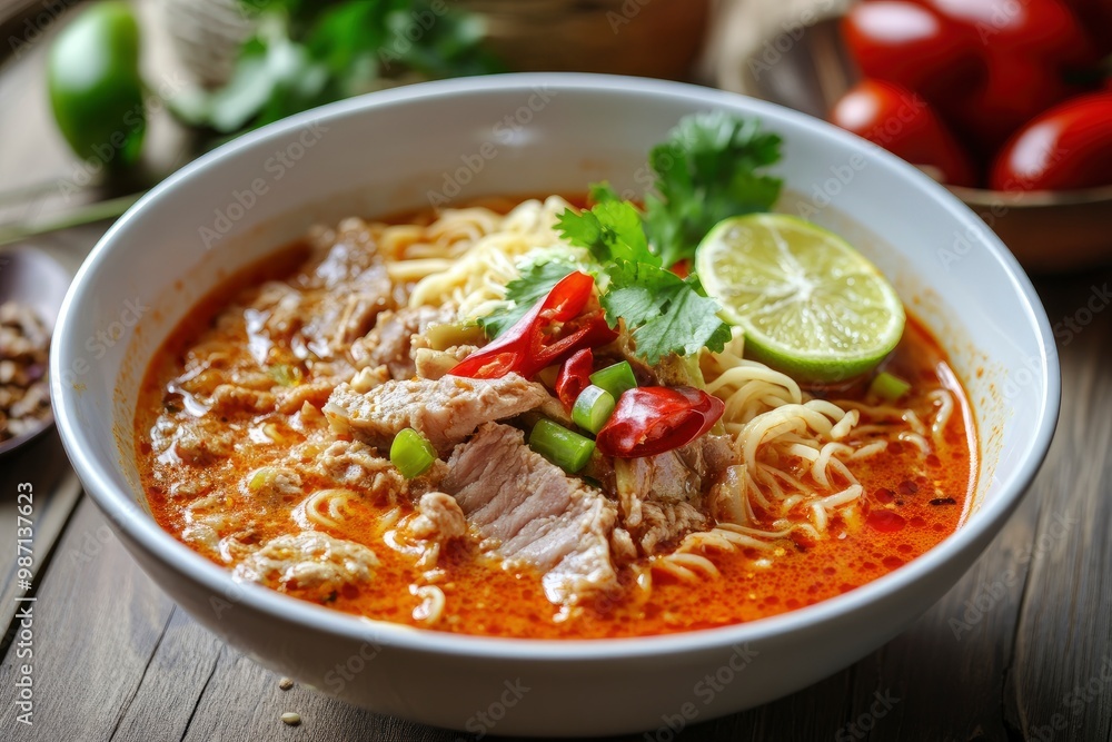Ramen Noodles Spicy Tomyum Soup with Roast Pork - Fusion food style , ai Ramen Noodles Spicy Tomyum Soup with Roast Pork - Fusion food style , ai