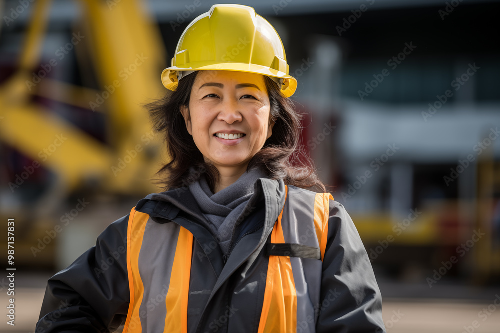 Middle aged Chinese woman at outdoors with worker cap Middle aged Chinese woman at outdoors with worker cap