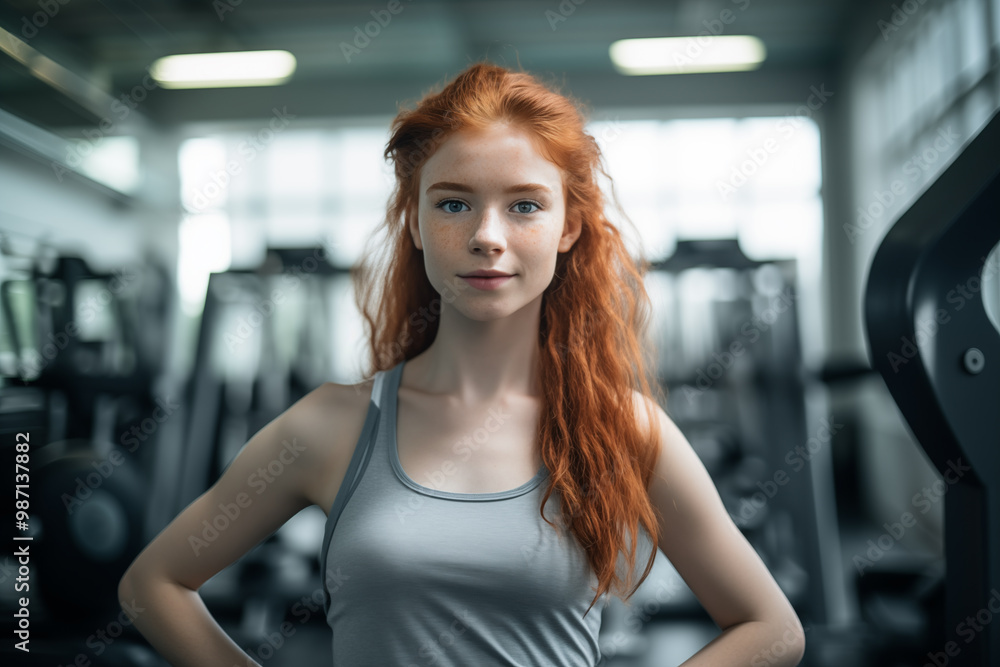 Young pretty redhead girl in sportswear in a gym
