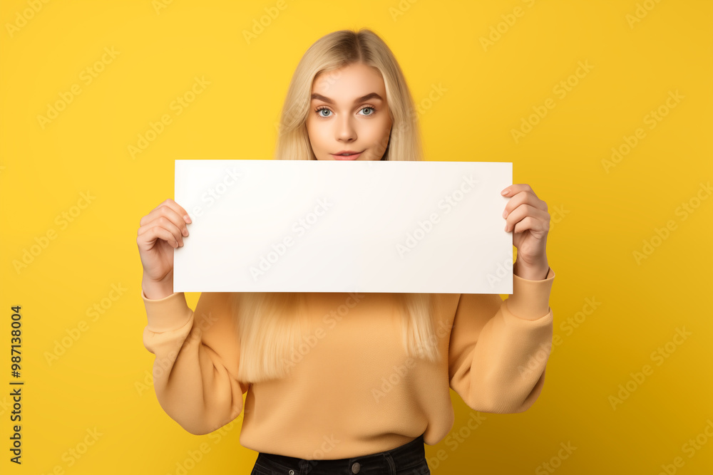 Young pretty blonde girl over isolated colorful background holding an empty placard Young pretty blonde girl over isolated colorful background holding an empty placard