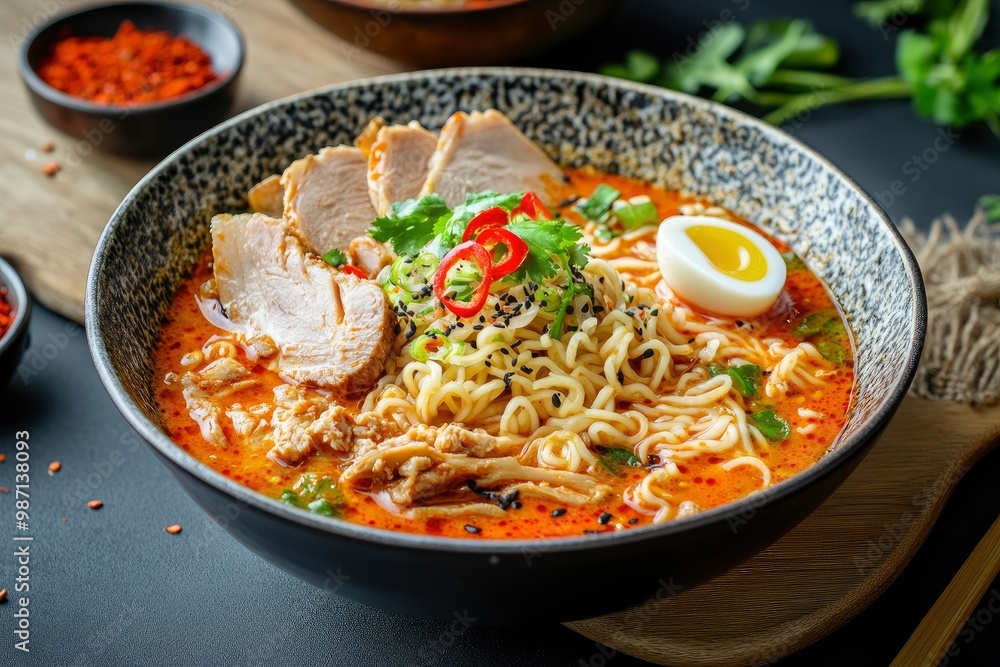 Ramen Noodles Spicy Tomyum Soup with Roast Pork - Fusion food style , ai Ramen Noodles Spicy Tomyum Soup with Roast Pork - Fusion food style , ai