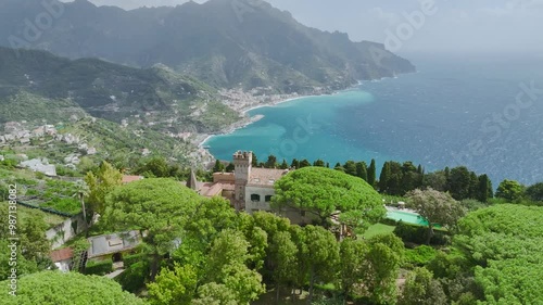 Ravello from a drone, Amalfi Coast, Tyrrhenian Sea, Salerno, Campania, Italy