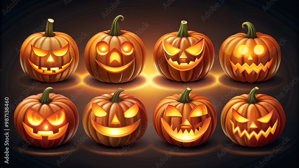 Set of vector Halloween pumpkins with various carved faces Perfect for icons and decorations placed on a dark background Set of vector Halloween pumpkins with various carved faces Perfect for icons and decorations placed on a dark background