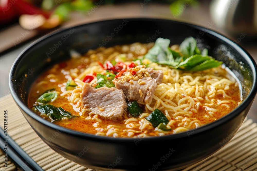 Ramen Noodles Spicy Tomyum Soup with Roast Pork - Fusion food style , ai Ramen Noodles Spicy Tomyum Soup with Roast Pork - Fusion food style , ai
