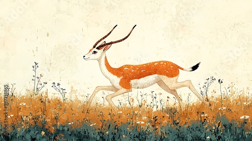 Fototapeta Naklejka Na Ścianę i Meble -  An antelope runs gracefully through a field of flowers, full of life and motion.