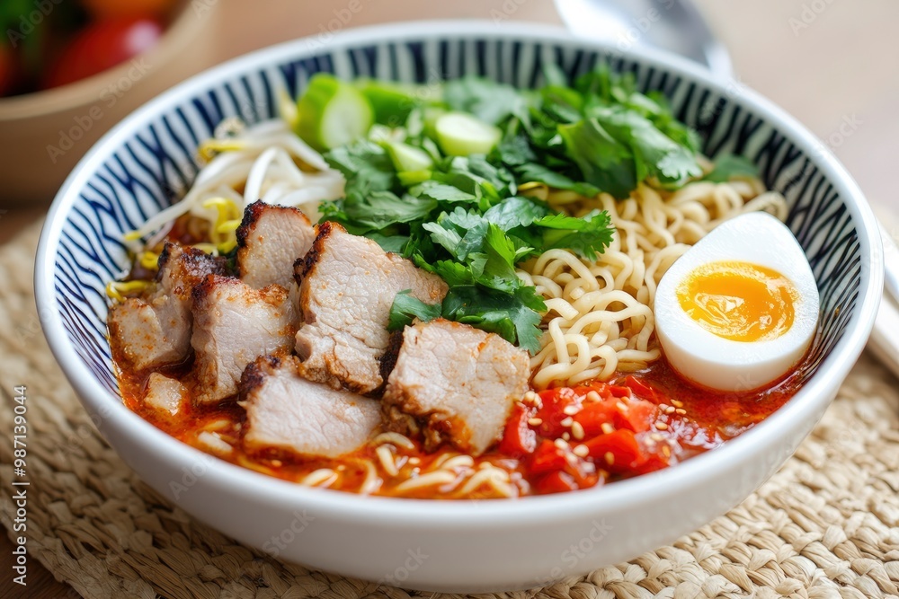 Ramen Noodles Spicy Tomyum Soup with Roast Pork - Fusion food style , ai Ramen Noodles Spicy Tomyum Soup with Roast Pork - Fusion food style , ai