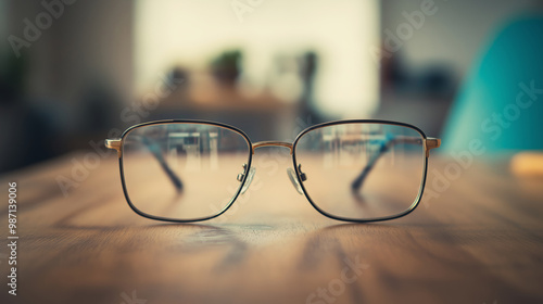 Eyeglasses placed on wooden table in home setting, reflecting clear background, eyewear concept