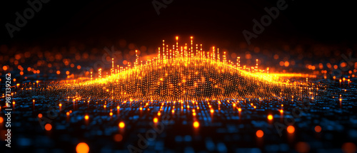 Vibrant data visualization featuring an illuminated wave of glowing particles against a dark background, showcasing technology and innovation.