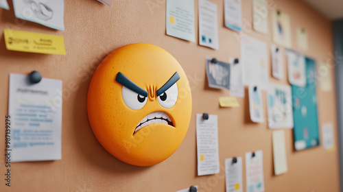 Angry emoticon with frown, displayed on corkboard, surrounded by sticky notes, office environment, frustration concept photo