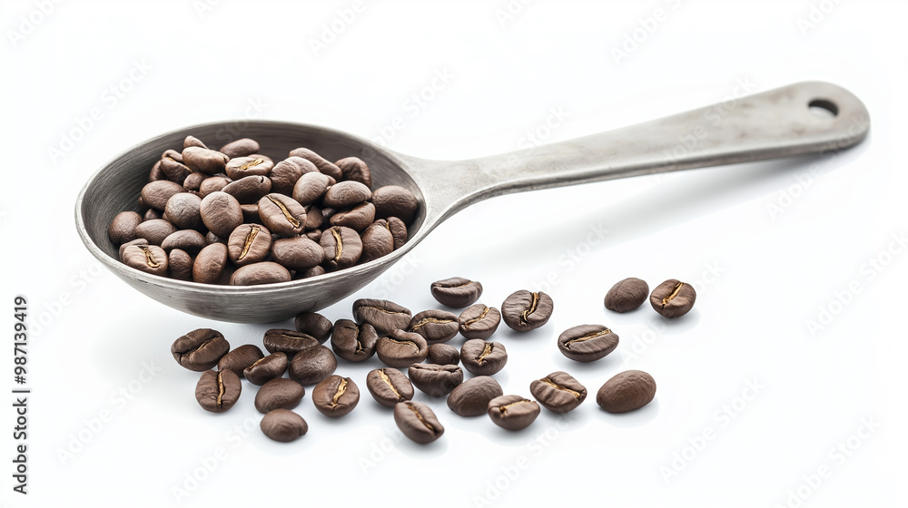Fototapeta premium Spoonful of aromatic coffee beans, rustic metal spoon, isolated on white background, coffee concept