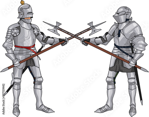 Two Late Medieval Knights in Full Plate Armor fighting and clashing Weapons, Isolated on white or transparent background, EPS 10 vector