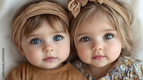 Adorable twin baby girls with blue eyes and brown headbands smile up sweetly, full of innocence.