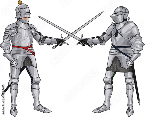 Two Late Medieval Knights in Full Plate Armor fighting and clashing Weapons, Isolated on white or transparent background, EPS 10 vector