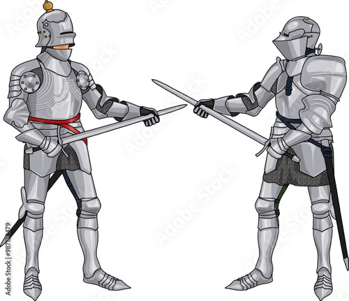 Two Late Medieval Knights in Full Plate Armor half-swording, Isolated on white or transparent background, EPS 10 vector
