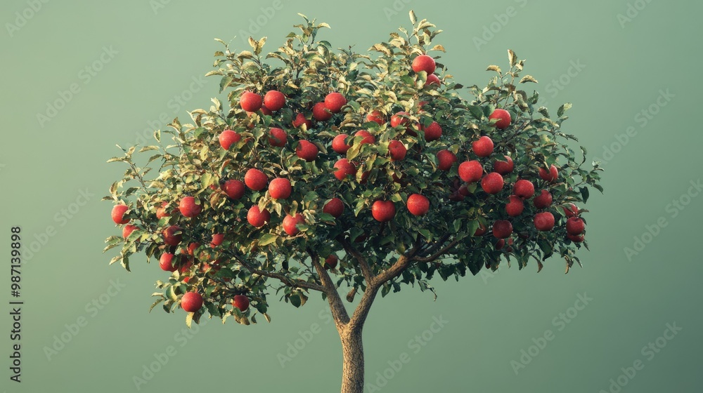 Fototapeta premium 3D-rendered apple tree in full bloom with ripe red apples, placed against a gentle green gradient backdrop.