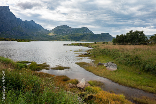 Grassed lake shore with small river and rocky mountains in background, Lofoten Norway