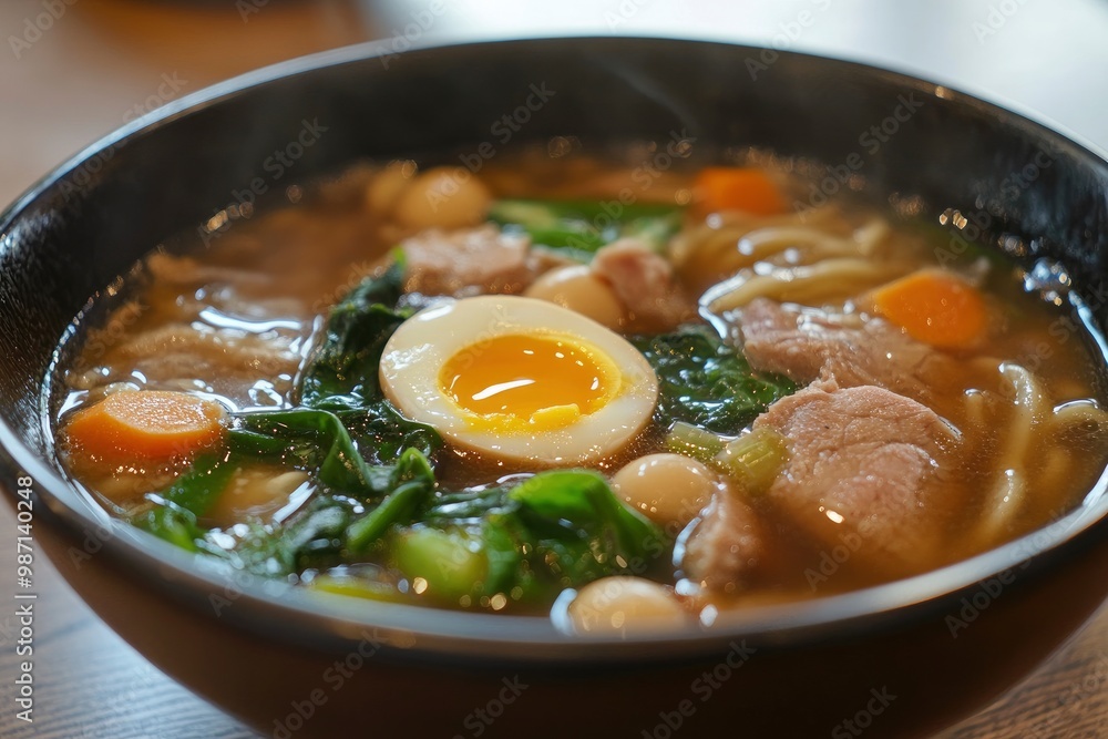 A close-up shot of a bowl of Japanese noodle soup with pork, egg, and greens , ai A close-up shot of a bowl of Japanese noodle soup with pork, egg, and greens , ai