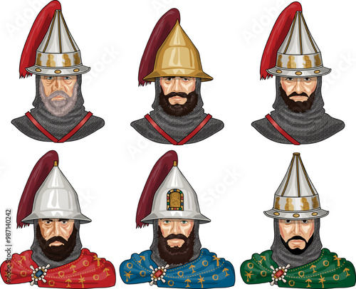 Set of 6 busts of Early Medieval Byzantian Lords, Knights or Crusaders in Chain Mail with Helmets with Plumes, Isolated on Transparent Background, EPS 10 Vector