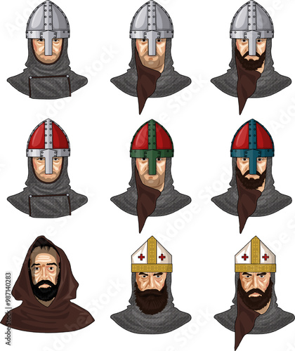 Set of 9 busts of Early Medieval European or Norman Lords, Knights or Crusaders and Clergymen in Chain Mail with Helmets, Isolated on Transparent Background, EPS 10 Vector