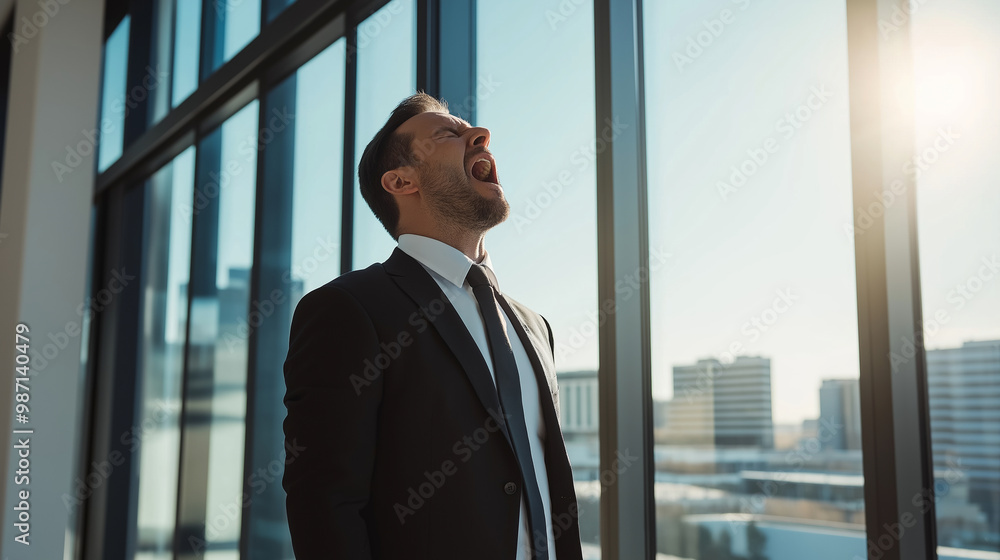 Businessman, yawning, standing by large windows in modern office building, tiredness, exhaustion concept Businessman, yawning, standing by large windows in modern office building, tiredness, exhaustion concept