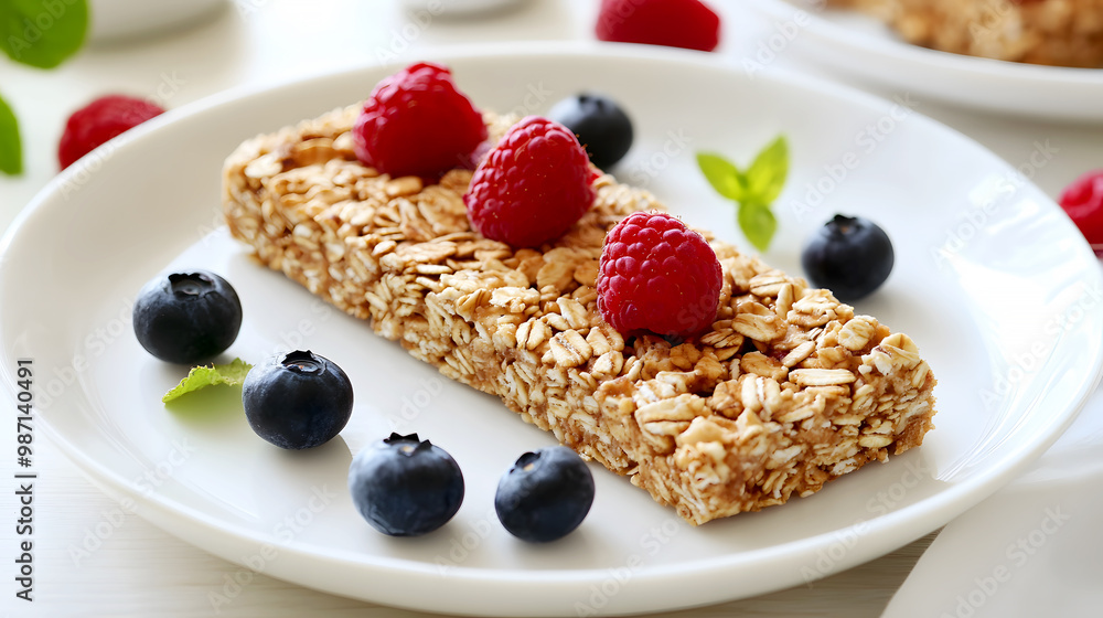Fresh Granola Bar with Berries on a Plate Fresh Granola Bar with Berries on a Plate