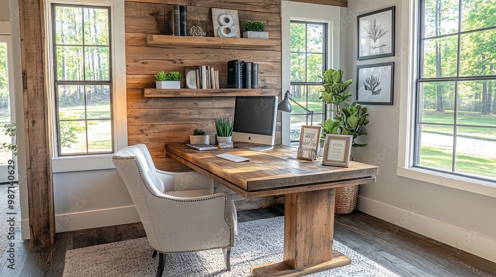 Rustic Home Office with Wooden Desk and Large Windows Rustic Home Office with Wooden Desk and Large Windows