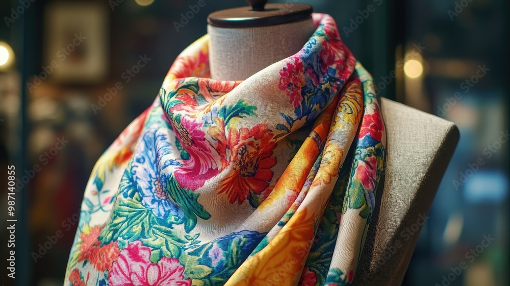 Obraz premium A colorful scarf with detailed floral patterns is carefully arranged around a mannequin, its soft folds highlighted by gentle lighting.