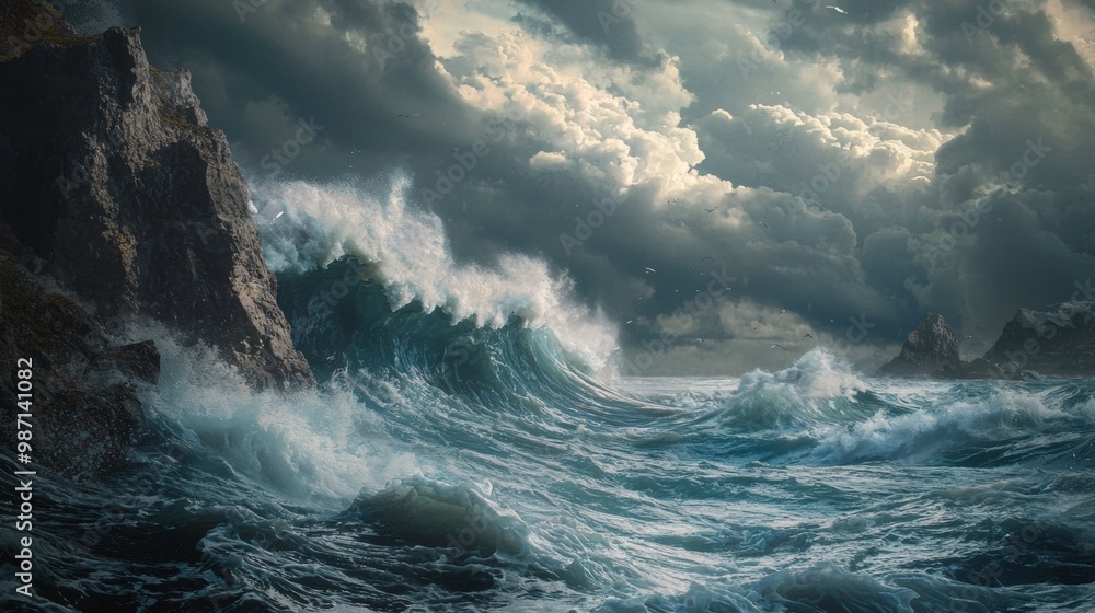 Raging Stormy Ocean Waves Crashing Against Rugged Cliff in Dramatic Seascape Raging Stormy Ocean Waves Crashing Against Rugged Cliff in Dramatic Seascape