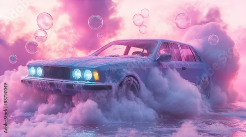 Colorful retro car covered in rich soap foam and bubbles at a vibrant car wash concept new beautiful stock image illustration AI photo